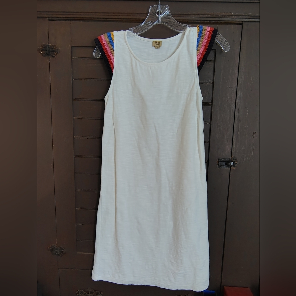True Craft 100% Cotton Summer Sheath Dress with Crochet Cap Sleeves Size XS